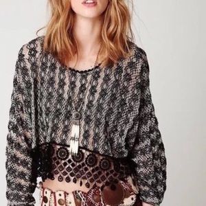 Free People Black and Cream Cropped Knit Lace-Trim Top